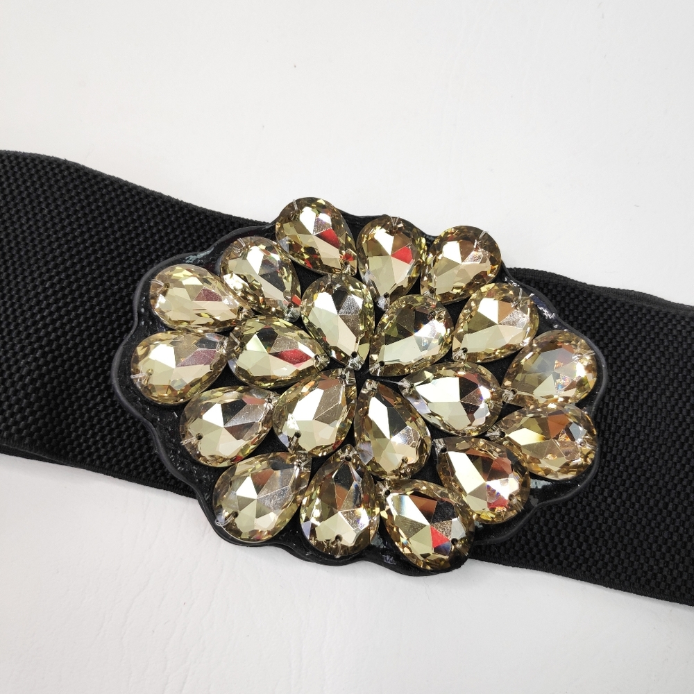 Black Stretch Belt With Large Amber Crystals M / L - Picture 2 of 6